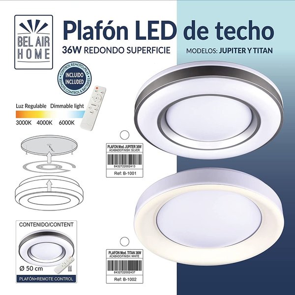 lámpara Plafón Led Serie JUPITER 36W, 50CM Diámetro, Color Plata Con Luz Led Integrada 3000K-4000K-6