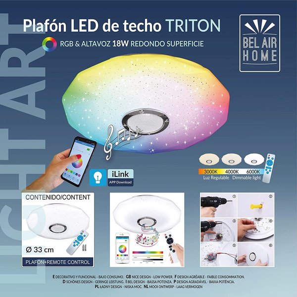 lámpara Plafón Led Serie TRITON de 33 CM de D 18W RGB y Altavoz, Con Mando a Distancia